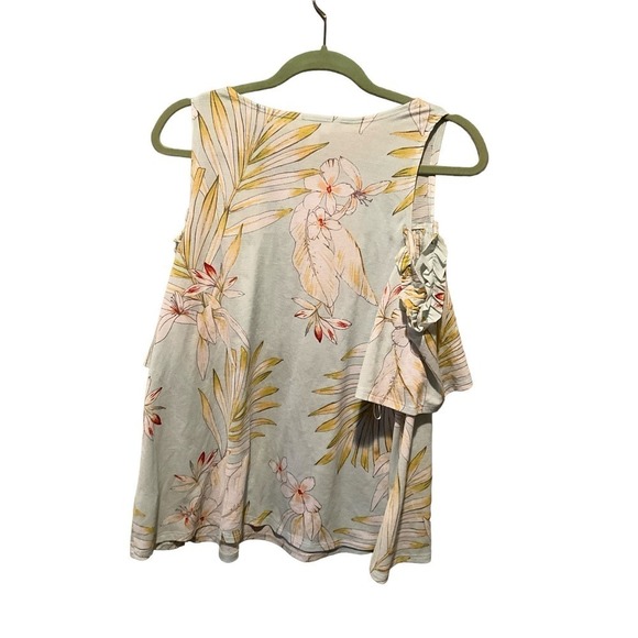 LC Lauren Conrad Cold Shoulder Top Women's Large Blue Floral Polyester Stretch - Picture 2 of 4